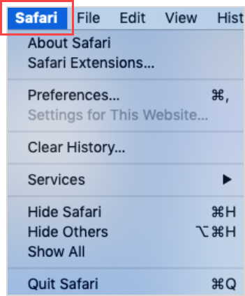 The Safari browser menu is the first option in the Safari naviagation bar.